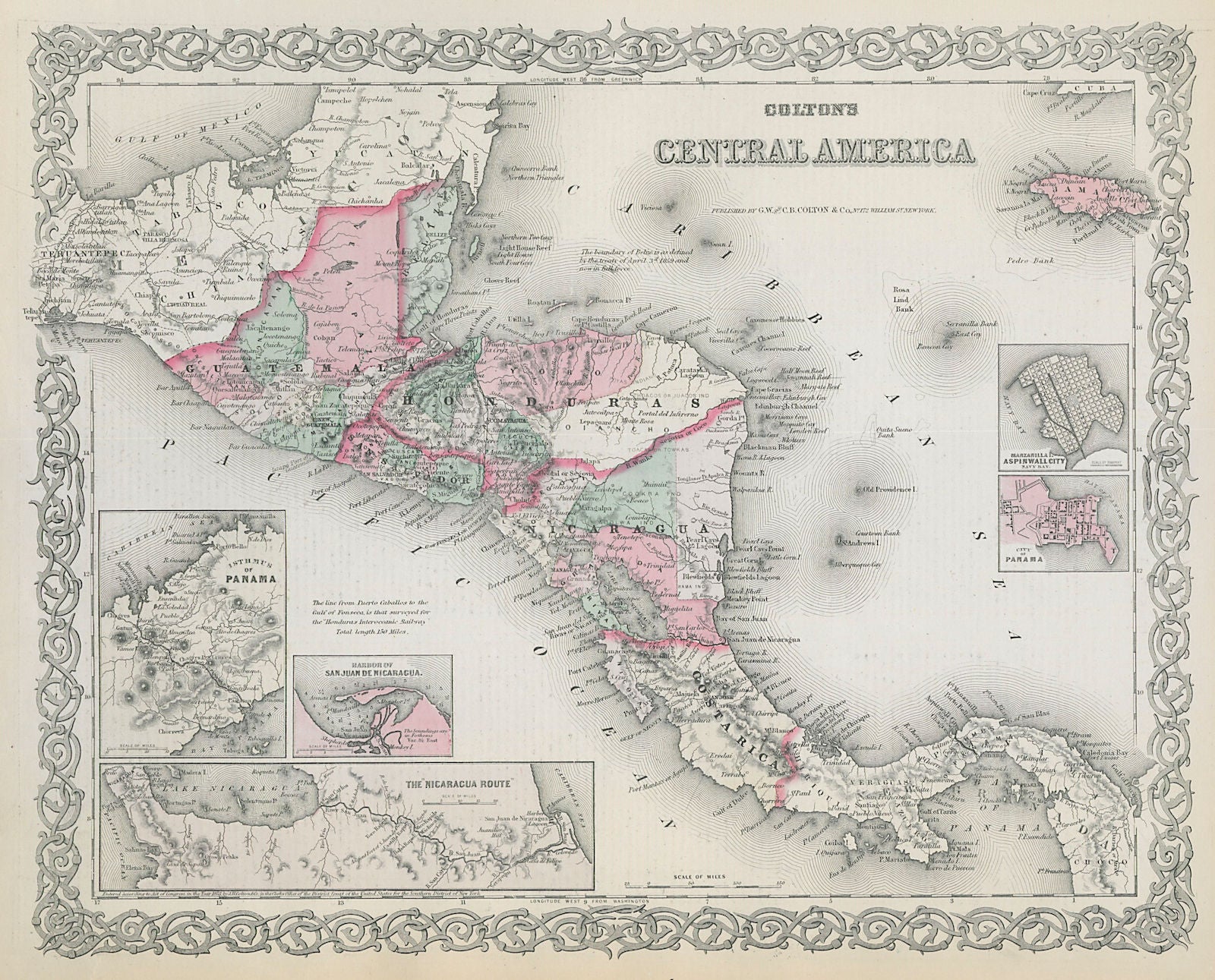 Colton's Central America. Decorative antique map. Honduras Guatemala 1869
